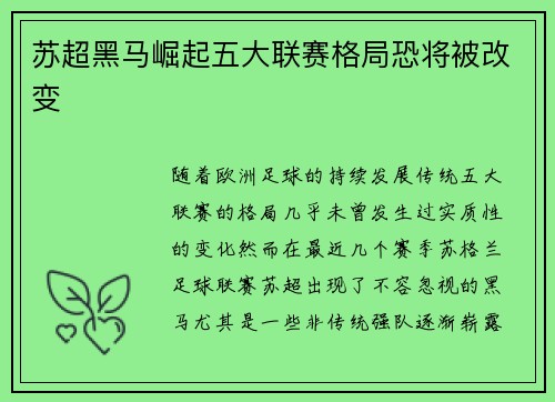 苏超黑马崛起五大联赛格局恐将被改变
